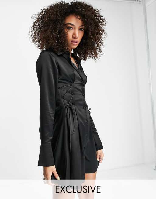 Reclaimed Vintage inspired shirt dress in satin with tie waist detail in black ASOS