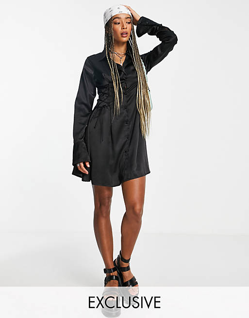 Reclaimed Vintage inspired shirt dress in satin with tie waist detail in black