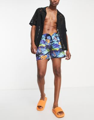 Reclaimed vintage inspired swim shorts in tropical beach scene - MULTI - ASOS Price Checker
