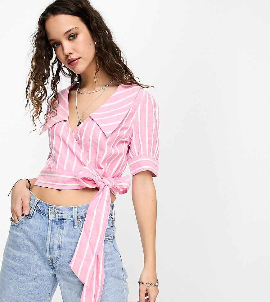 Reclaimed Vintage inspired short sleeve wrap blouse with statement collar in pink stripe
