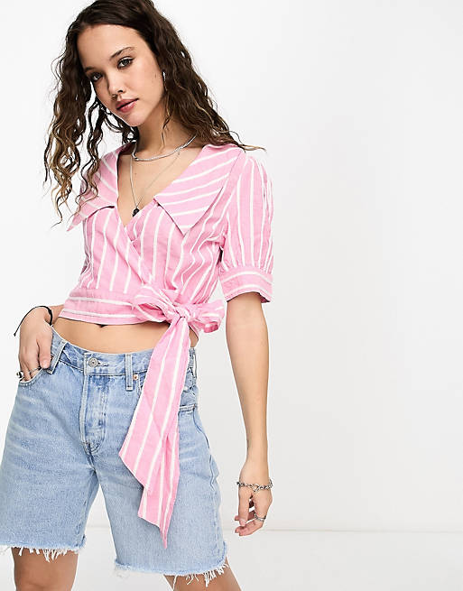  Shirts & Blouses/Reclaimed Vintage inspired short sleeve wrap blouse with statement collar in pink stripe 
