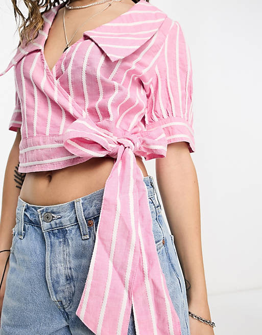  Shirts & Blouses/Reclaimed Vintage inspired short sleeve wrap blouse with statement collar in pink stripe 