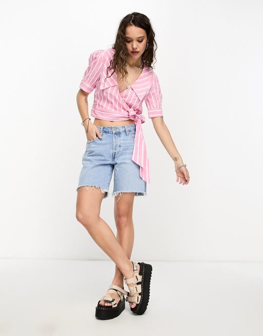 Reclaimed Vintage inspired short sleeve wrap blouse with statement collar in pink stripe
