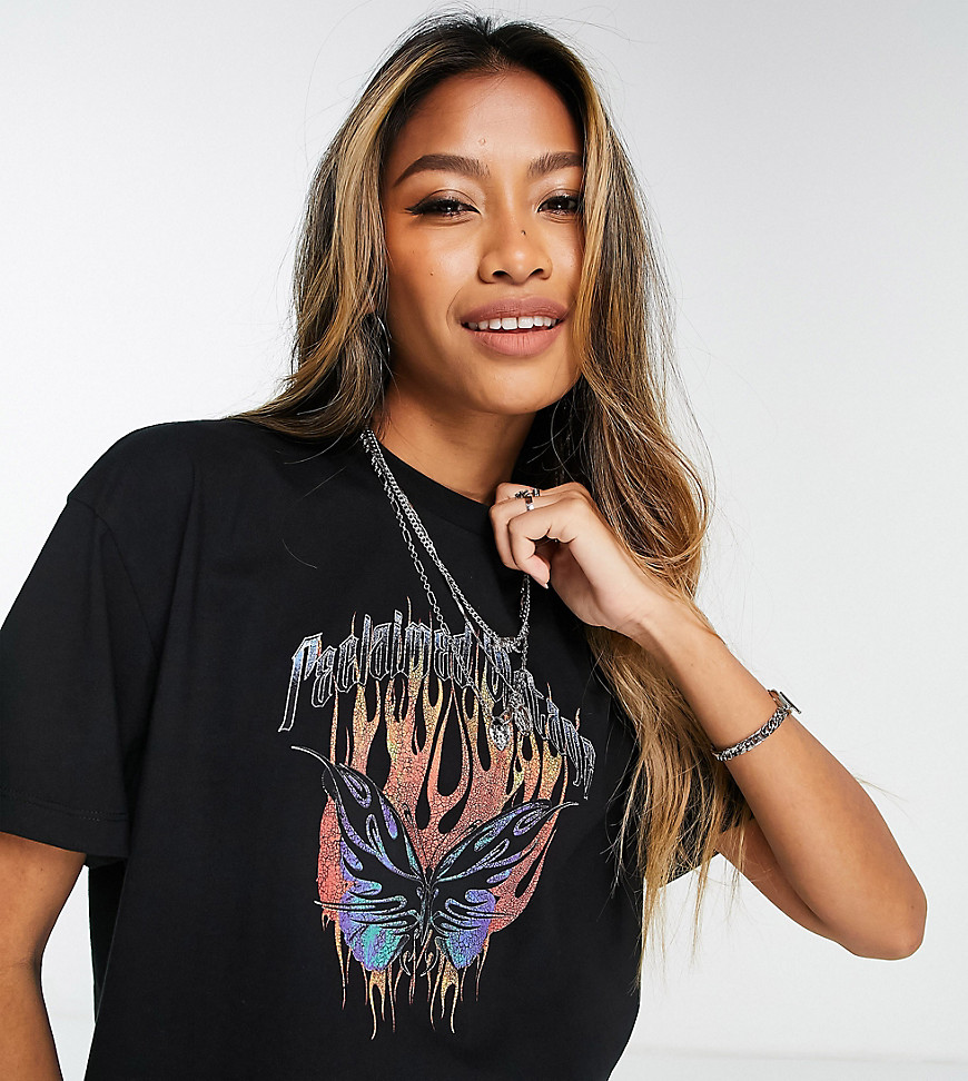 Reclaimed Vintage inspired shrunken crop t shirt with grunge butterfly print in black