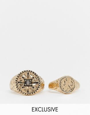 Reclaimed Vintage Inspired signet ring 2-pack in gold | ASOS