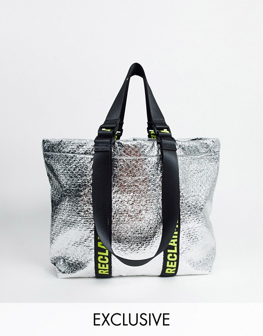 Reclaimed Vintage inspired silver metallic tote with branded straps