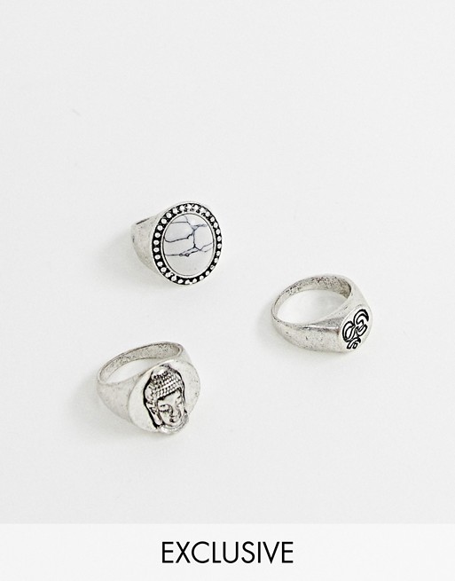 Reclaimed Vintage inspired silver signet rings in 3 pack exclusive to ASOS
