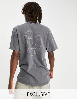 Reclaimed Vintage inspired sketchy face graphic t-shirt in washed charcoal