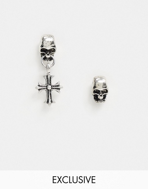 Reclaimed Vintage Inspired skull and cross hoops in silver