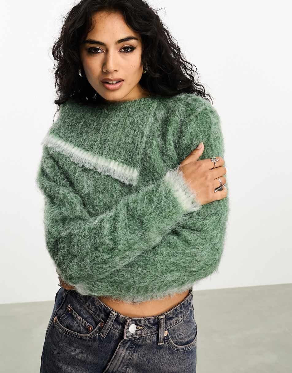 Reclaimed Vintage inspired slash neck knitted top in blue