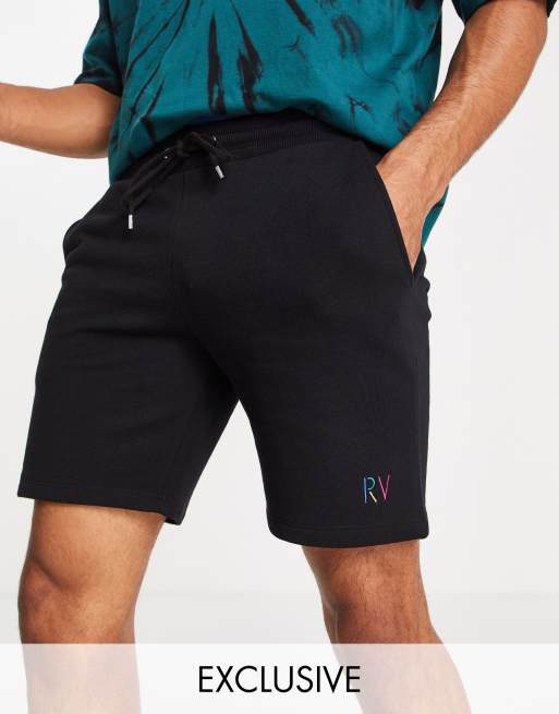 Reclaimed Vintage Inspired slim fit shorts with rainbow embroidery in black