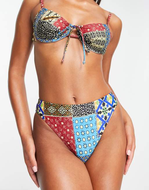 Reclaimed Vintage Inspired - Slip bikini a tanga a vita alta con stampa stile bandana - MULTI