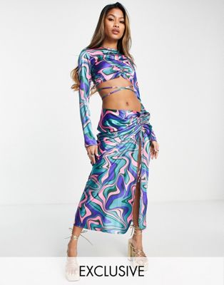 Reclaimed Vintage inspired slip skirt with ruched detail co-ord in swirl print - ASOS Price Checker