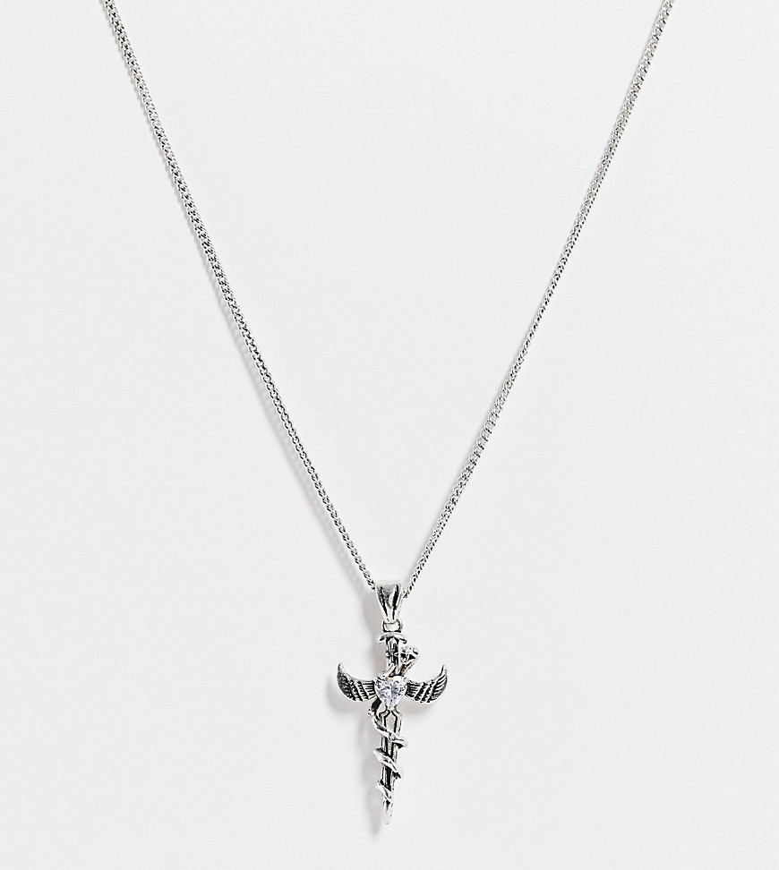 Reclaimed Vintage Inspired - Sølvfarvet halskæde med vedhæng med helligt og dolk i poleret sølvfarve i 90'er-inspireret grunge-stil