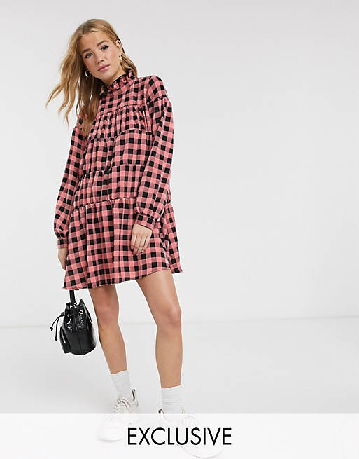 Reclaimed Vintage inspired smock dress with high neck in check | ASOS