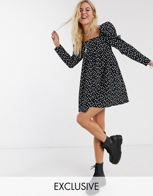 Reclaimed Vintage inspired cotton smock dress with spot print in black