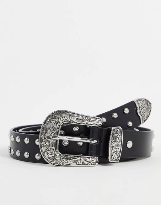 Reclaimed Vintage Inspired - Sort unisex-westernbælte med nitterdetalje 
