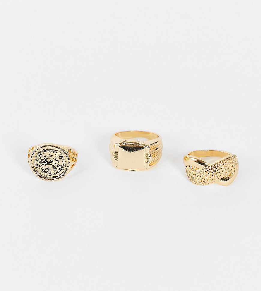 Reclaimed Vintage Inspired sovereign and signet rings in gold 3 pack
