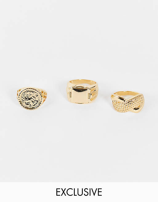 Reclaimed Vintage inspired sovereign and signet rings in gold 3 pack