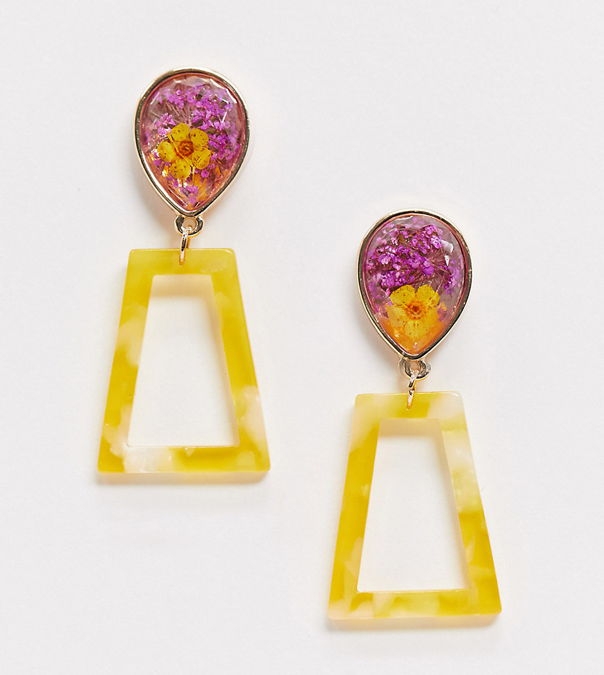 Reclaimed Vintage inspired square drop earrings with pressed flowers-Yellow