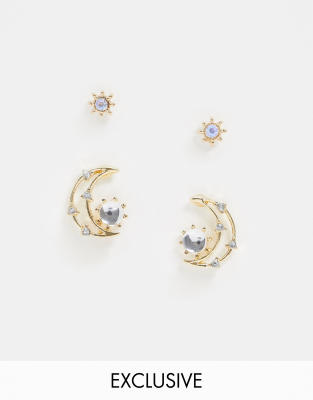 Reclaimed Vintage inspired star and moon earring pack