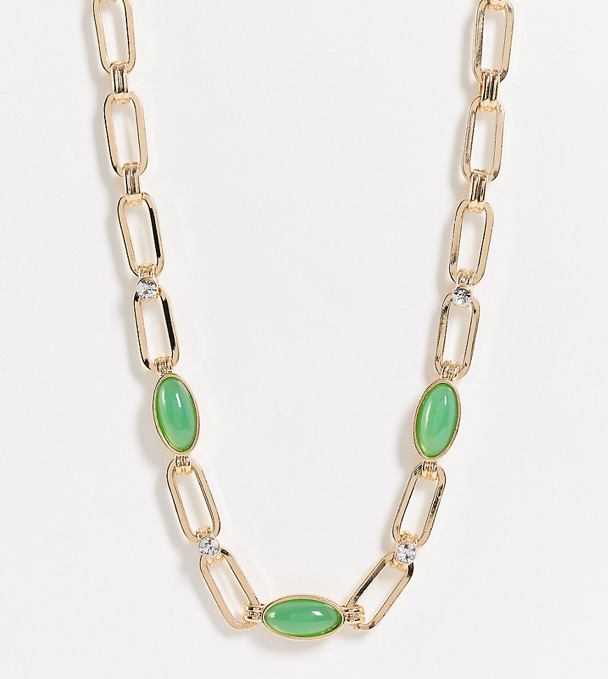 Reclaimed Vintage Inspired statement chain necklace with green agate stones in gold