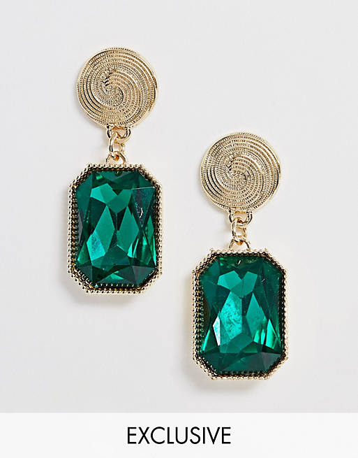 Reclaimed Vintage inspired statement earrings with green stone | ASOS