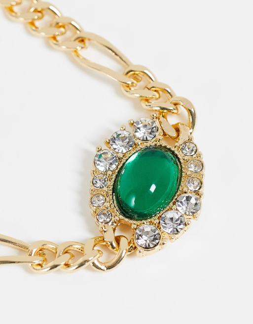 Reclaimed vintage inspired statement necklace with chunky chain and emerald stone in gol