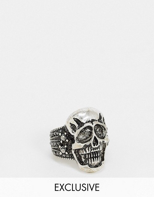 Reclaimed Vintage inspired statement skull ring in burnished silver