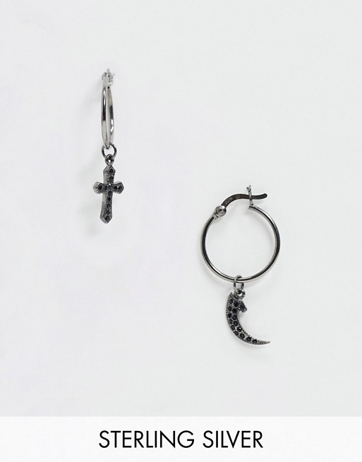 Reclaimed Vintage inspired sterling silver hoop earrings with cross and moon charms in gunmetal exclusive to ASOS