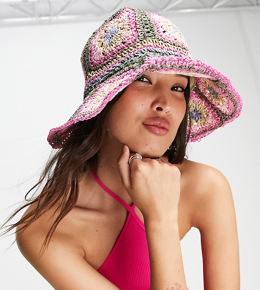 Reclaimed Vintage inspired straw crochet bucket hat in pastels-Multi