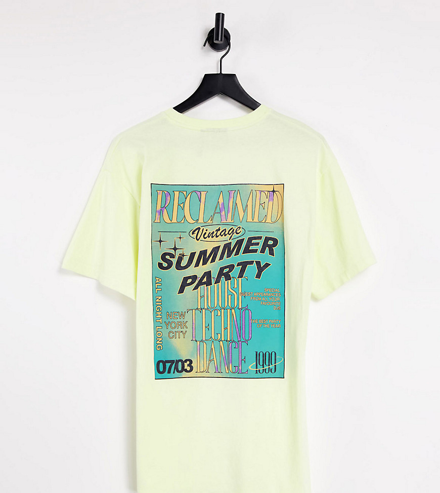 Reclaimed Vintage Inspired Summer Party back print T-shirt in yellow