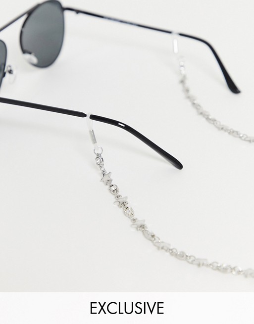 Reclaimed Vintage inspired sunglasses chain with stars in silver