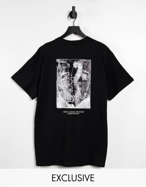 Reclaimed Vintage Inspired – Svart t-shirt med tecknade ansikten fram- och baktill - BLACK