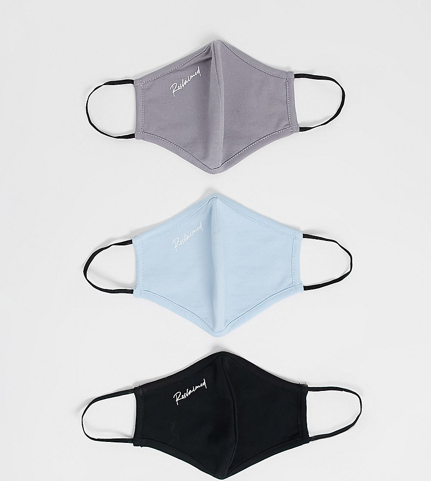 Reclaimed Vintage Inspired – Svarta/mörkgrå/blå munskydd i flerpack och unisex-modell med logga-Flera färger
