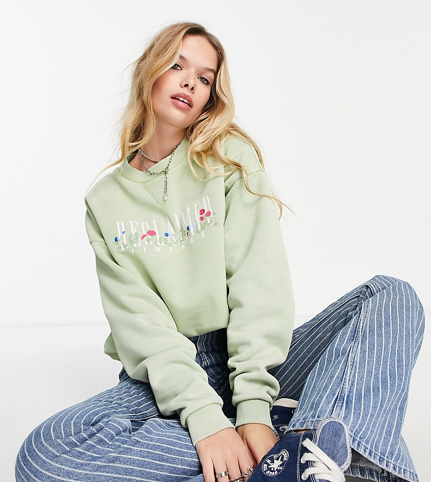 Reclaimed Vintage Inspired sweat with floral embroidery in mint-Gray