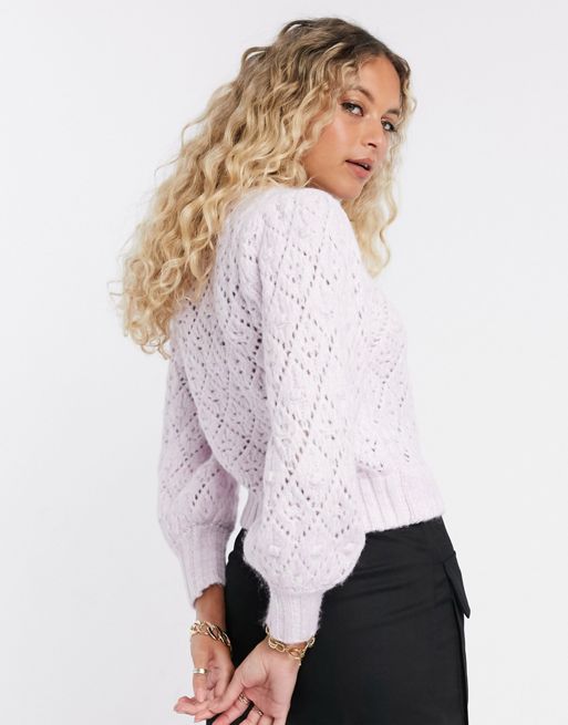 Button Up Pointelle Sleeve Pom-Pom Knit Cardigan in Lilac - Retro