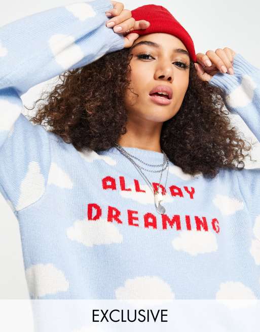 Reclaimed Vintage inspired sweater with slogan in cloud print | ASOS