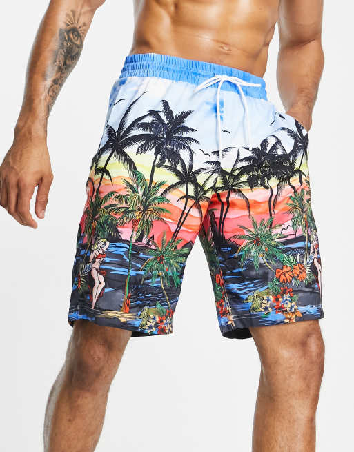 Reclaimed Vintage inspired swim board short in retro scene print