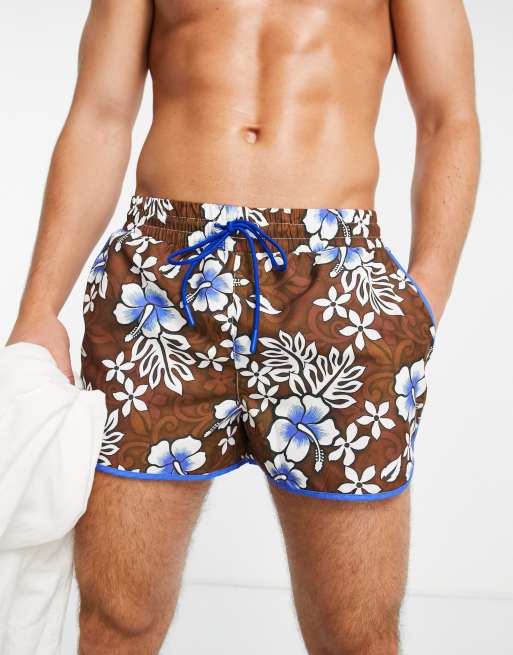 Reclaimed vintage inspired swim short in retro hibiscus print in multi