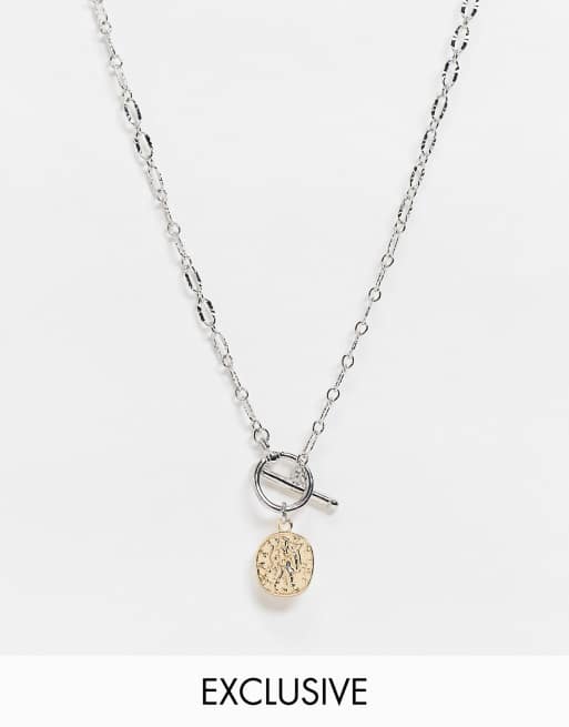 Reclaimed Vintage inspired t bar coin necklace in mixed metal