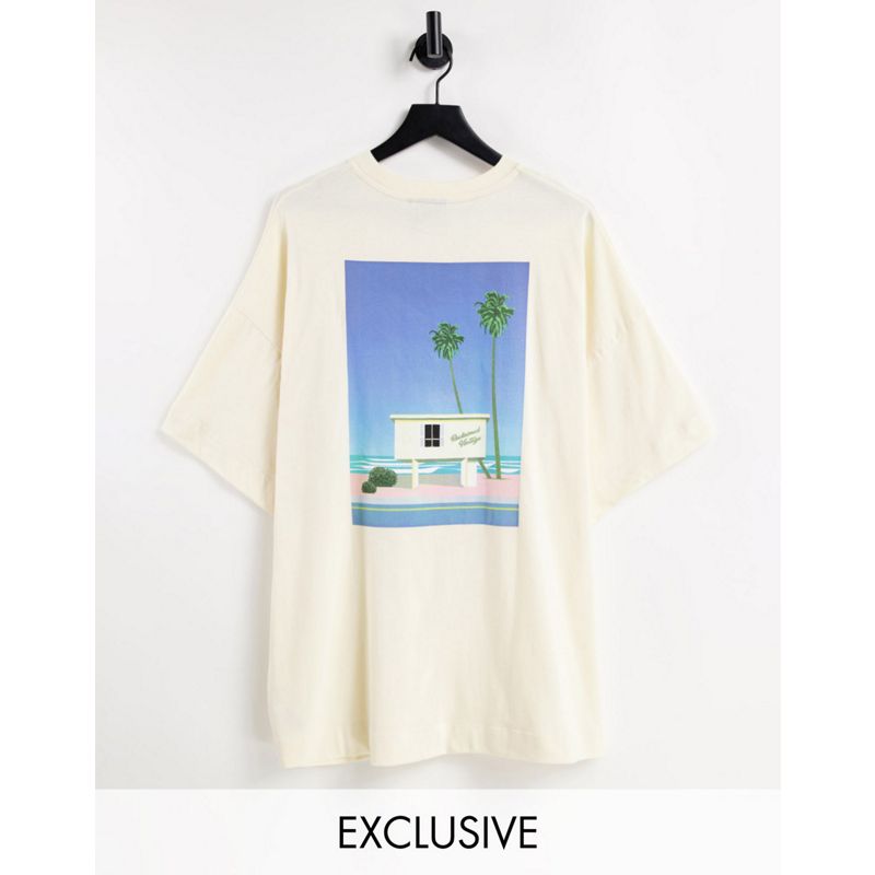Novità vouB9 Reclaimed Vintage Inspired - T-shirt comoda in cotone organico écru con stampa di palme