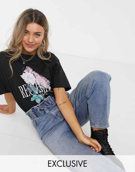 Reclaimed Vintage Inspired - T-shirt con logo e stampa a fiori nera