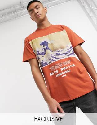Reclaimed Vintage Inspired wave print t-shirt in washed brown - ASOS Price Checker