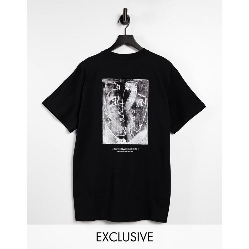 Yumn9 Novità Reclaimed Vintage Inspired - T-shirt in cotone organico nera con stampa stilizzata di volti sul davanti e sul retro