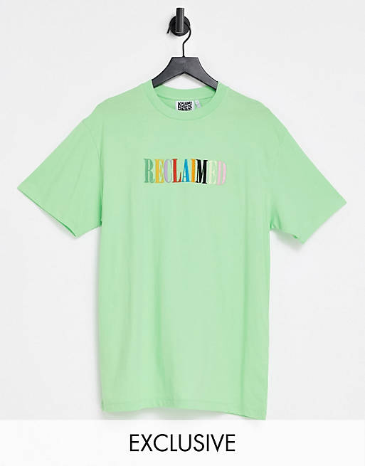 Reclaimed Vintage inspired oversized t-shirt in green with rainbow embroidery