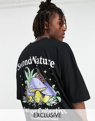 T-shirts et débardeurs Reclaimed Vintage Inspired - T-shirt oversize avec inscription Second Nature et champignons imprimés au dos - Noir
