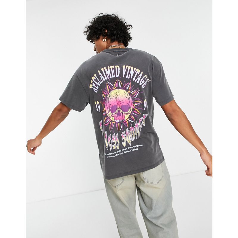 Uomo T-shirt e Canotte Reclaimed Vintage Inspired - T-shirt oversize color antracite con teschio sul davanti