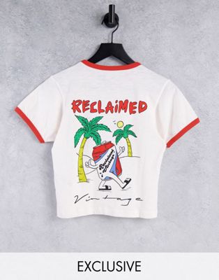 Femme Reclaimed Vintage Inspired - T-shirt rétréci à bordures contrastantes et imprimé palmier au dos