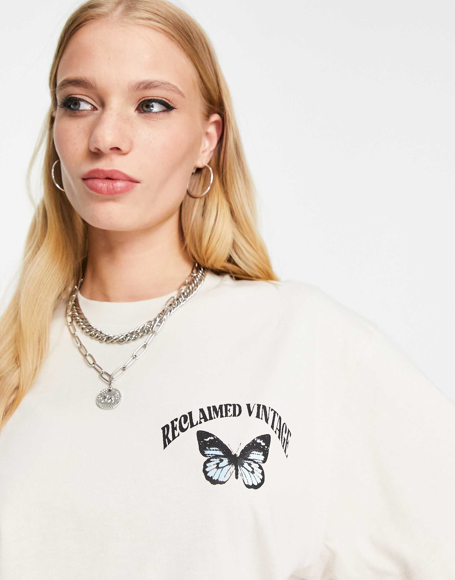 Reclaimed Vintage inspired t-shirt with butterfly print in cream